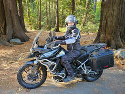 woman sitting on her motorcycle wearing gryphon motorcycle gear and a helmet in a forest